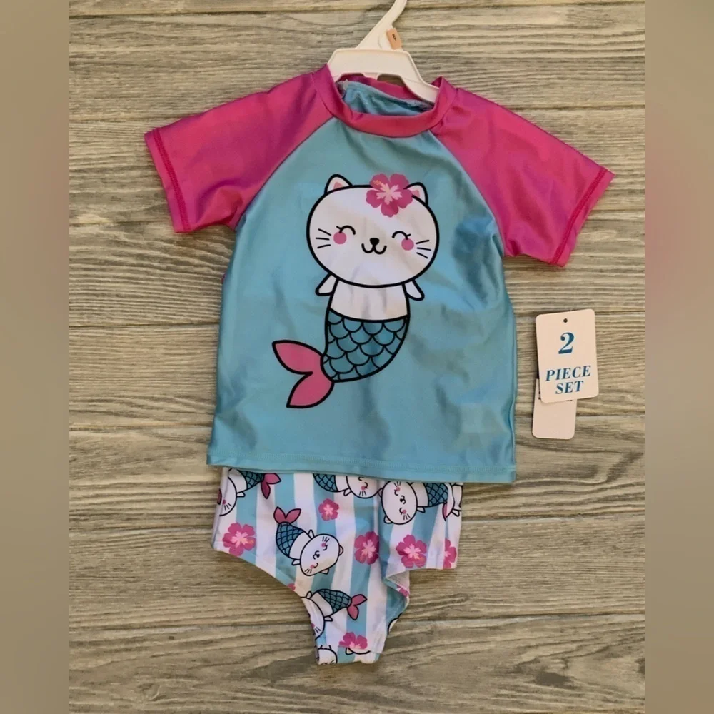 Caribbean Joe Girl’s Swimsuit With Short Sleeve Rash Guard Set 2-T